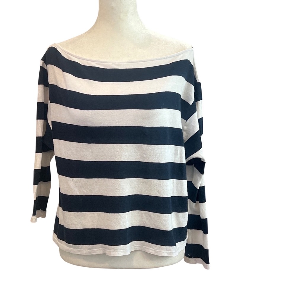 Enza Costa Striped Boat Neck Long Sleeve Top Womens XS Navy White Cotton